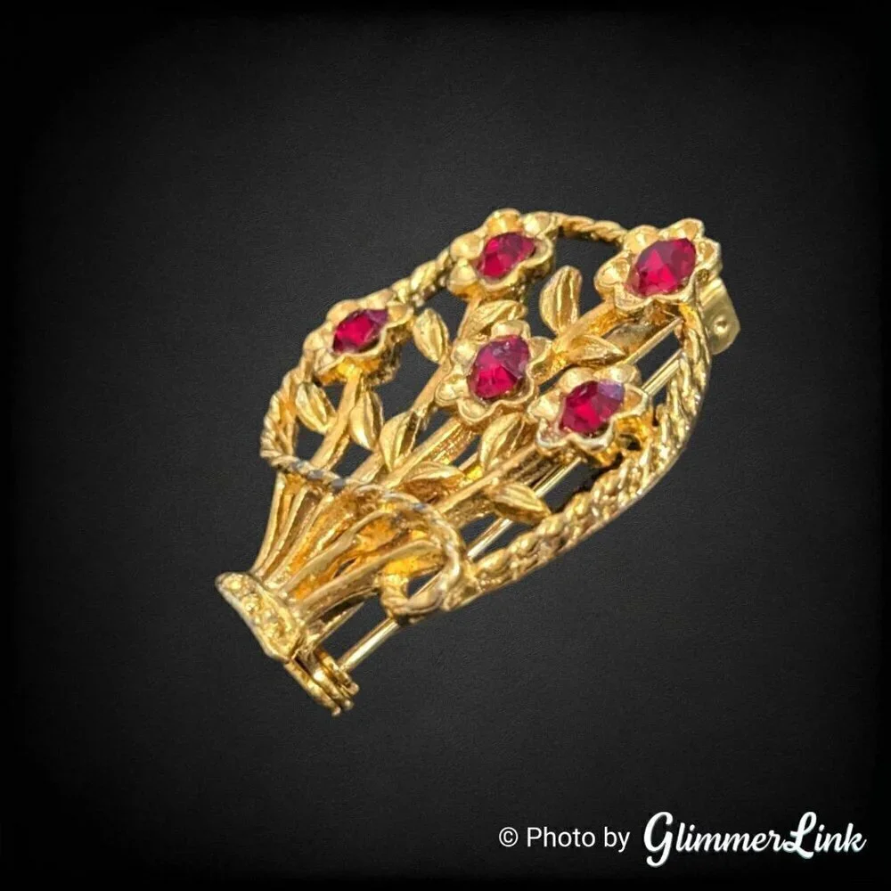 Vintage Red Rhinestone Flower Basket Gold Tone Brooch Pin